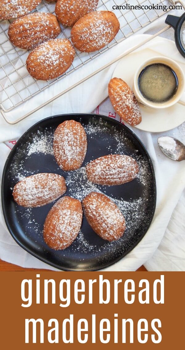 These madeleines are a delicious festive twist on the traditional French cookie. Gently spiced and wonderfully light with a crisp outside, they're little bites of heaven. #madeleine #cookie #christmascookies 