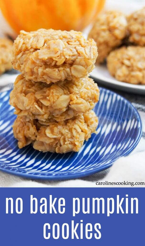 If you need a quick fall treat, these no bake pumpkin cookies are a perfect choice. They take mere minutes to make and are sweet, chewy and oh so good! Gluten free if you use GF oats, they are perfect for parties, lunch boxes, after school treats or any excuse you want. #nobakecookie #pumpkincookie #glutenfreecookie