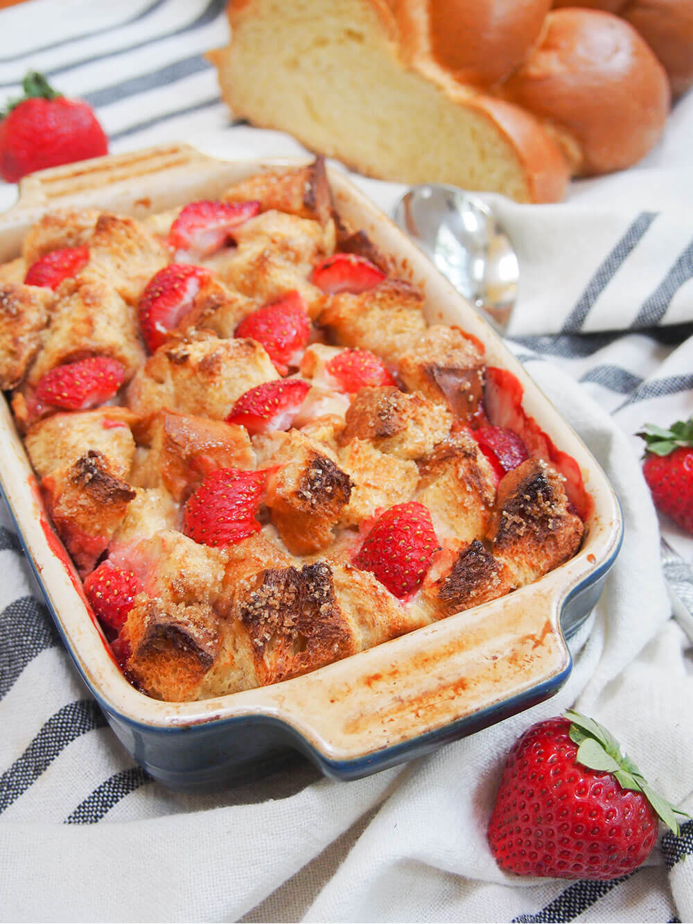 strawberry French toast bake in baking dish 