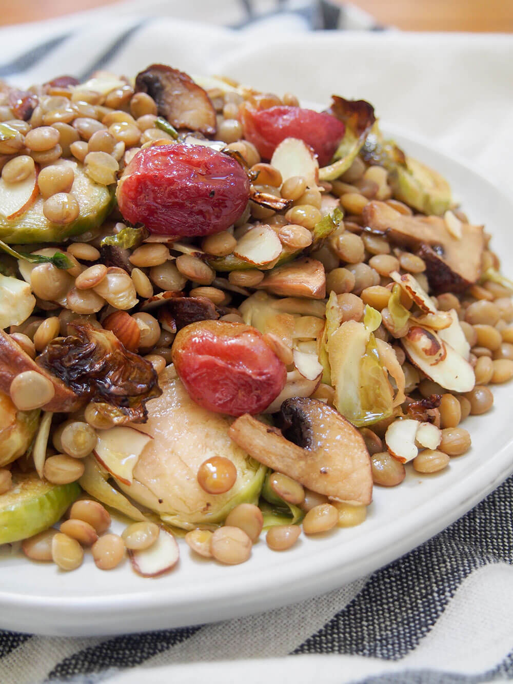 close side view of vegan lentil salad with roasted Brussels sprouts showing roasted grapes on top