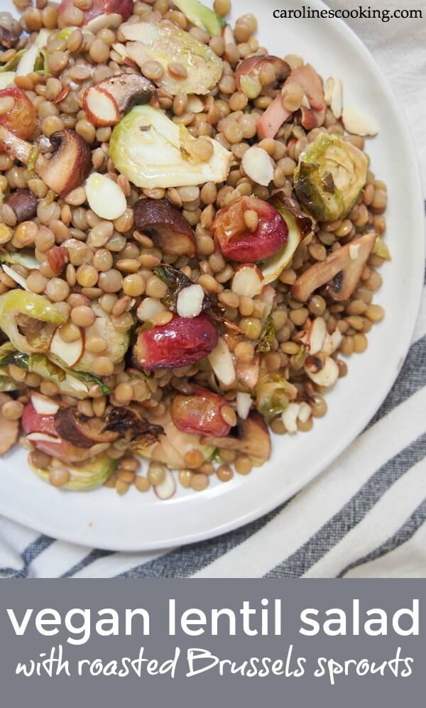 This vegan lentil salad combines earthy lentils with flavorful roasted Brussels sprouts, mushrooms and grapes. It's incredibly easy to make and so versatile in how you enjoy it. Healthy delicious. #vegansalad #lentilsalad #Brusselssprouts