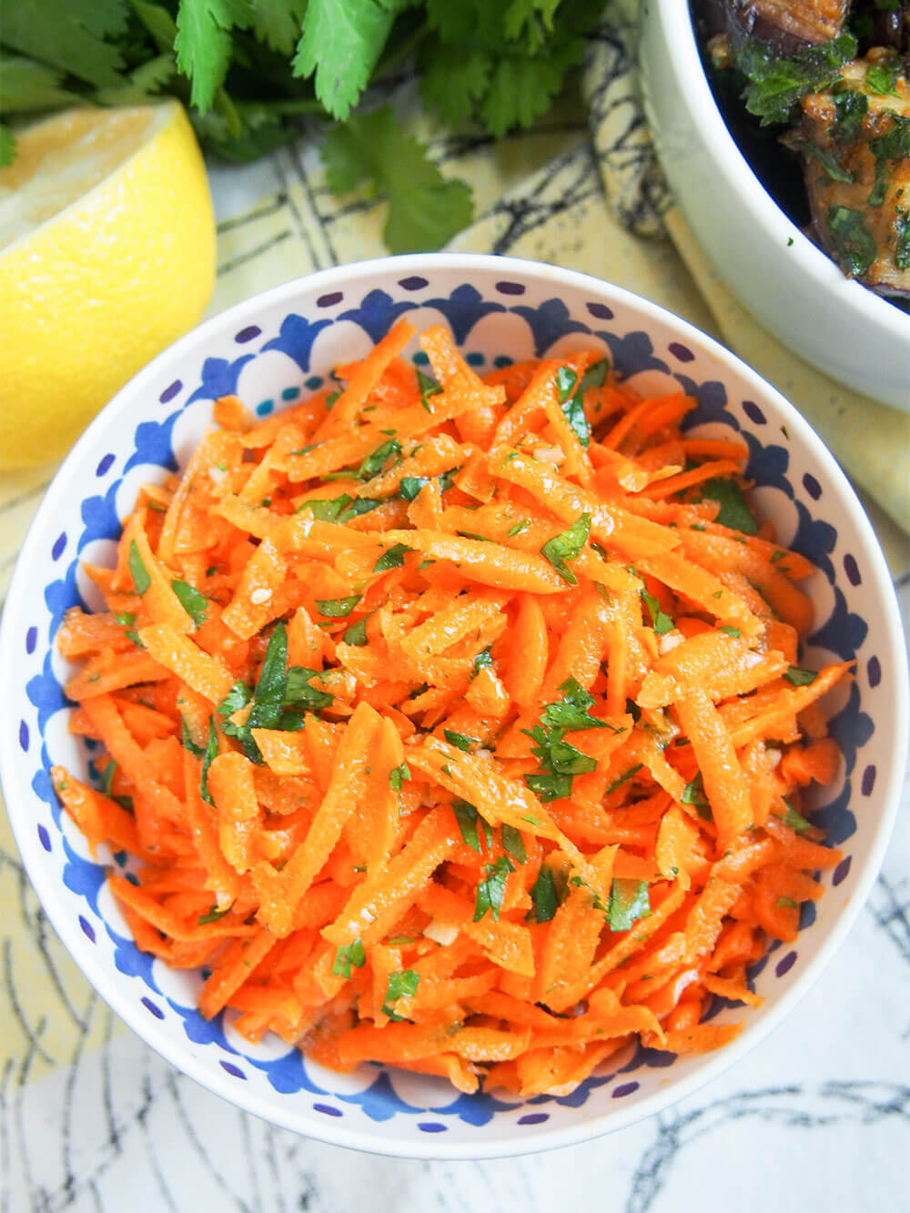 Moroccan raw carrot salad viewed from overhead