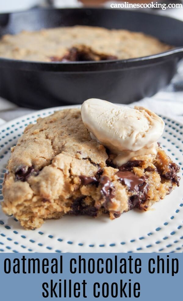 This oatmeal chocolate chip skillet cookie is on the healthier side but feels decadent with chocolate oozing from it. Easy to make and perfect for sharing! #skilletcookie #christmascookies #chocolatechipcookie