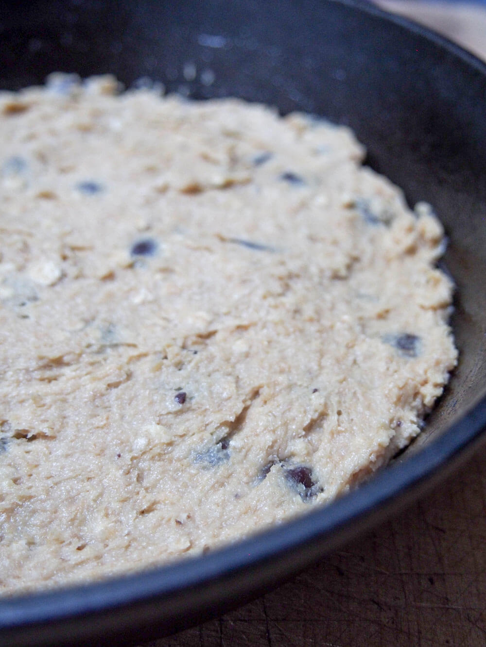 Oatmeal chocolate chip skillet cookie ready to bake