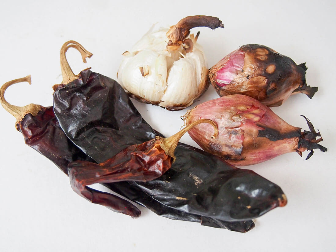 charred chilis, shallots and garlic