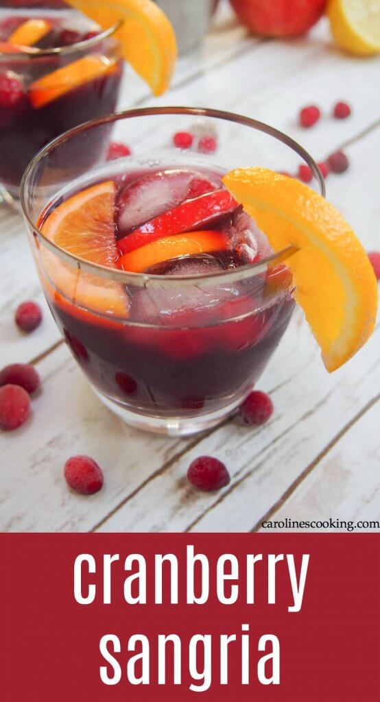 Every party needs a signature drink, and this cranberry sangria is perfect! This easy cocktail is light, with a great flavor, and easy to make for a crowd. You can make it ahead or mix it up quickly when you need it. Get the recipe as well as tips and ideas for a drinks station. This is one festive cocktail you'll make on repeat! #sangria #cranberry #ad