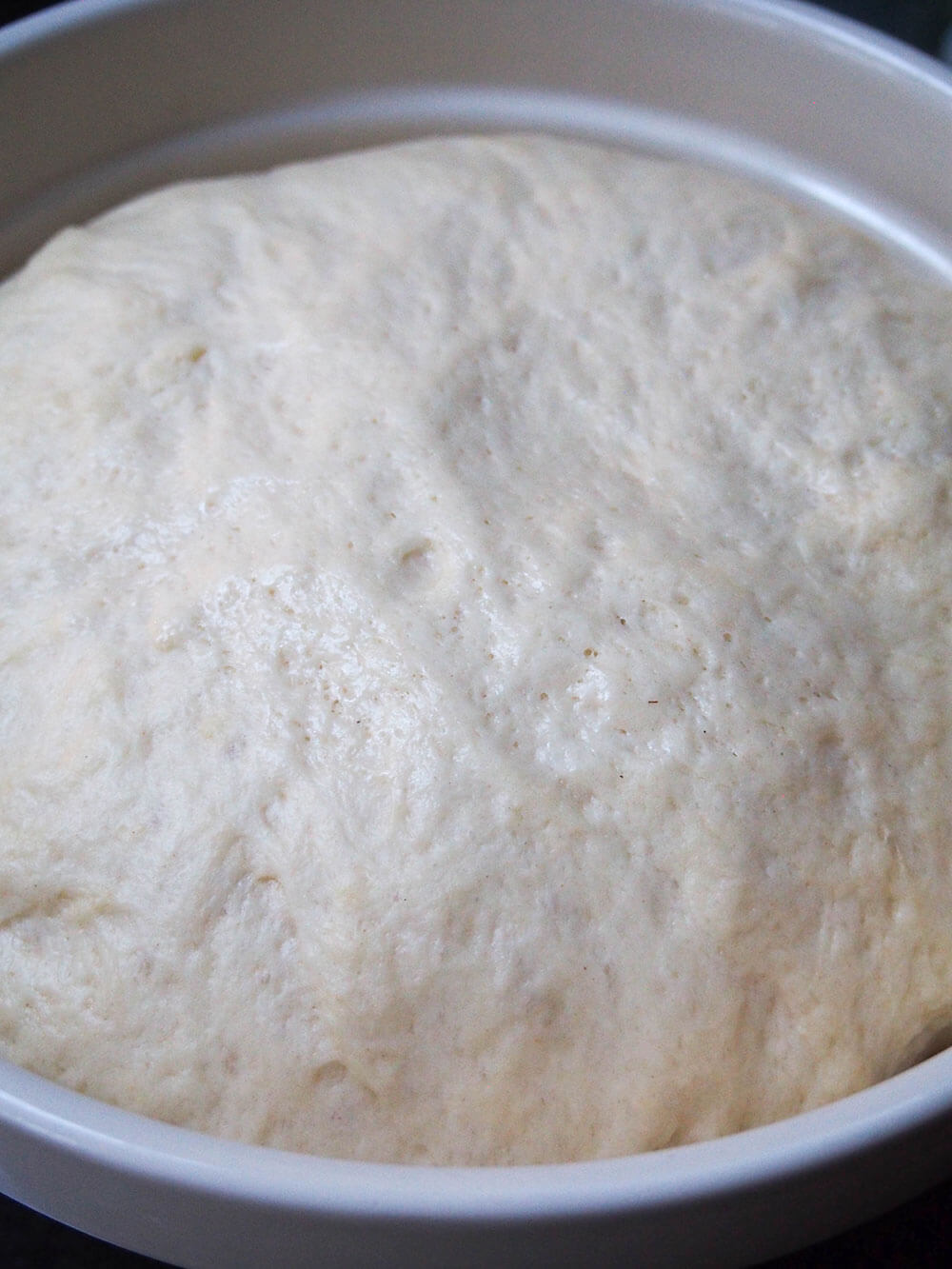 eggnog cinnamon roll dough puffed up in bowl