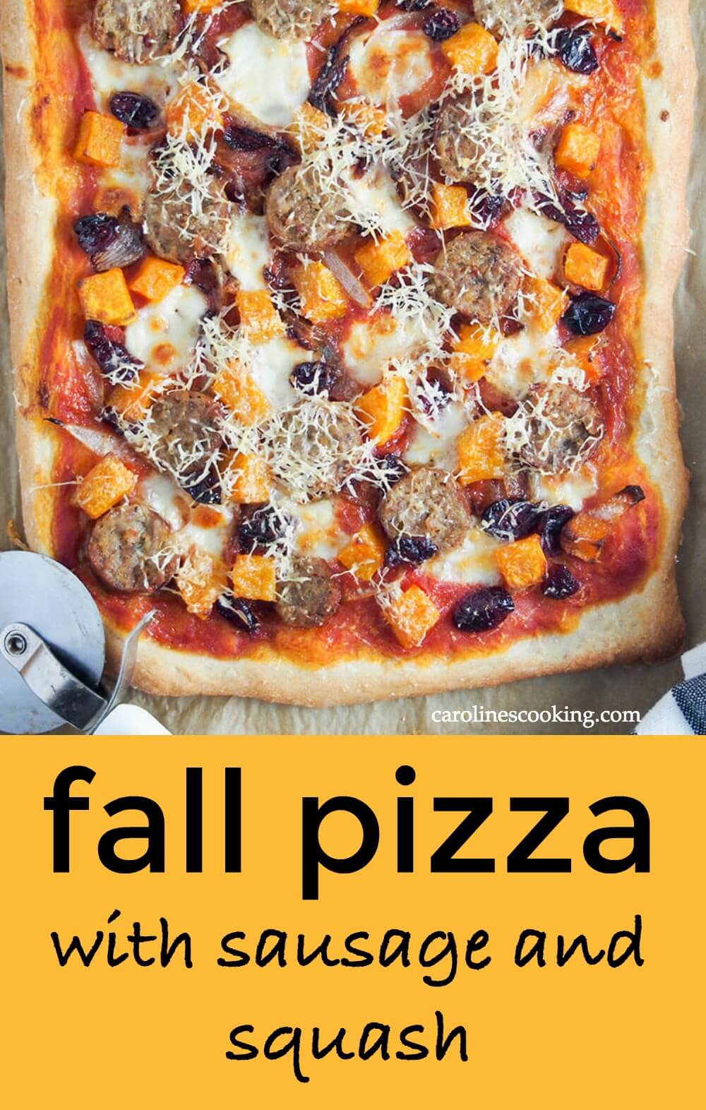 Fall pizza - This pizza is packed with fall flavors but really it would be great any time! Topped with sausage, squash, cranberries and cheese of course, there's plenty comfort factor. A delicious combination of flavors, it's definitely one to add to your pizza night menu. #fallpizza #sausageandsquashpizza
