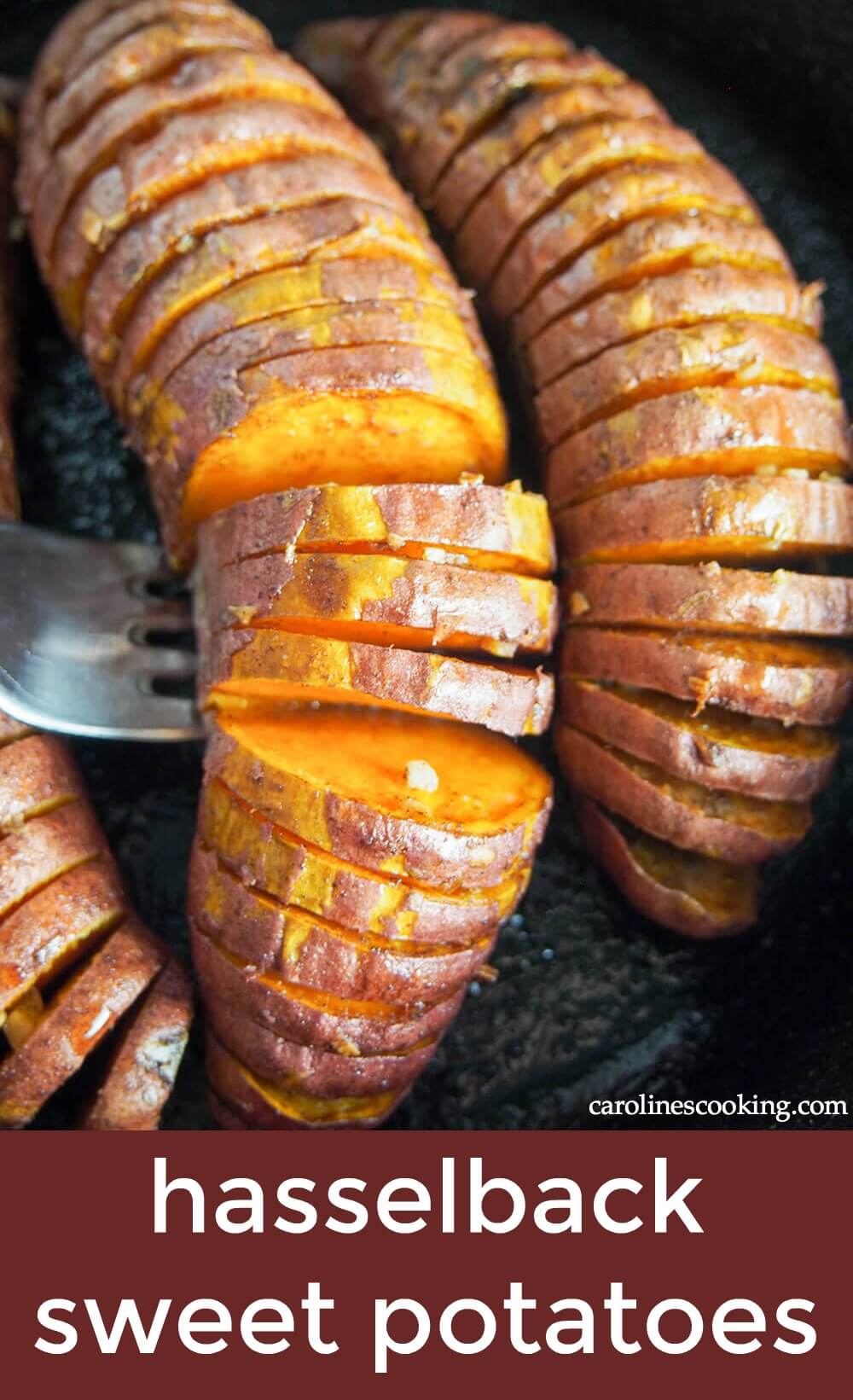 Hasselback sweet potatoes might sound and look a little fancy, but they're really so easy to make (especially with the little trick I show you!). Here they're brushed with oil mixed with cinnamon, garlic & maple for delicious flavors and a wonderful caramelization on the bottom. So good!