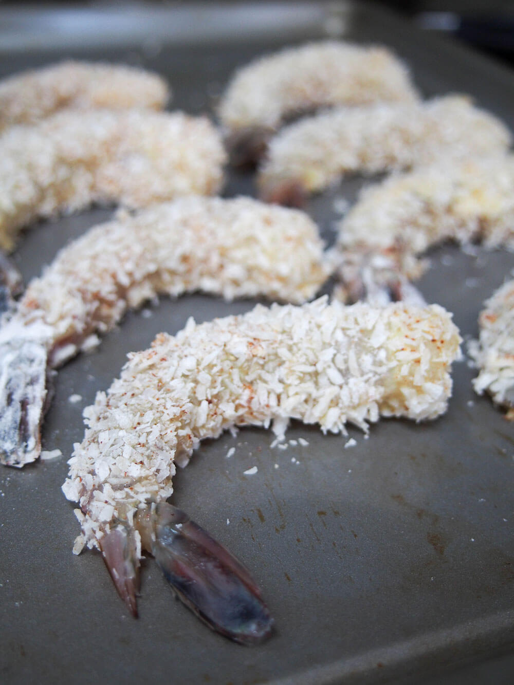 coconut covered shrimp ready to bake