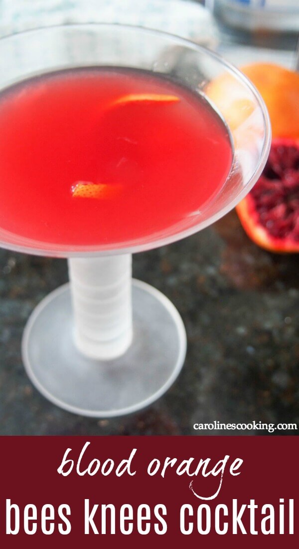 Take a colorful twist on a classic cocktail with this easy blood orange bees knees cocktail. Perfect for Valentines day or any occasion! #cocktail #beeskneescocktail #bloodorange