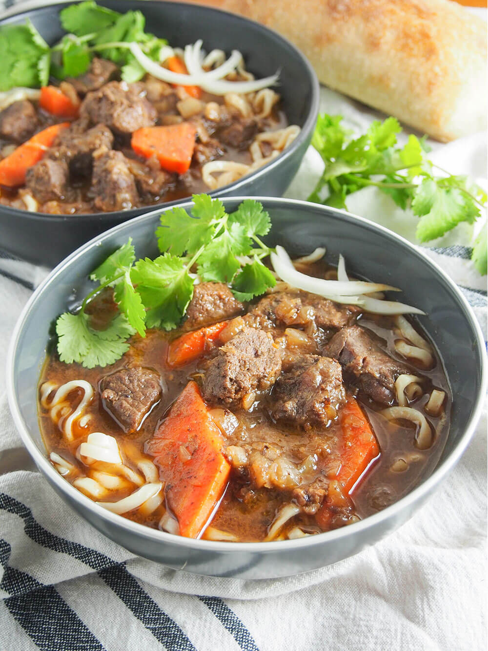 Bo kho may not be as well known as pho, but it's a classic dish you need to get to know. This Vietnamese beef stew has a wonderful depth of flavor from aromatic spices, lemongrass, ginger and coconut water. It's warming, delicious and easy to make too. bo kho Vietnamese beef stew - two bowls served over noodles with cilantro garnishes