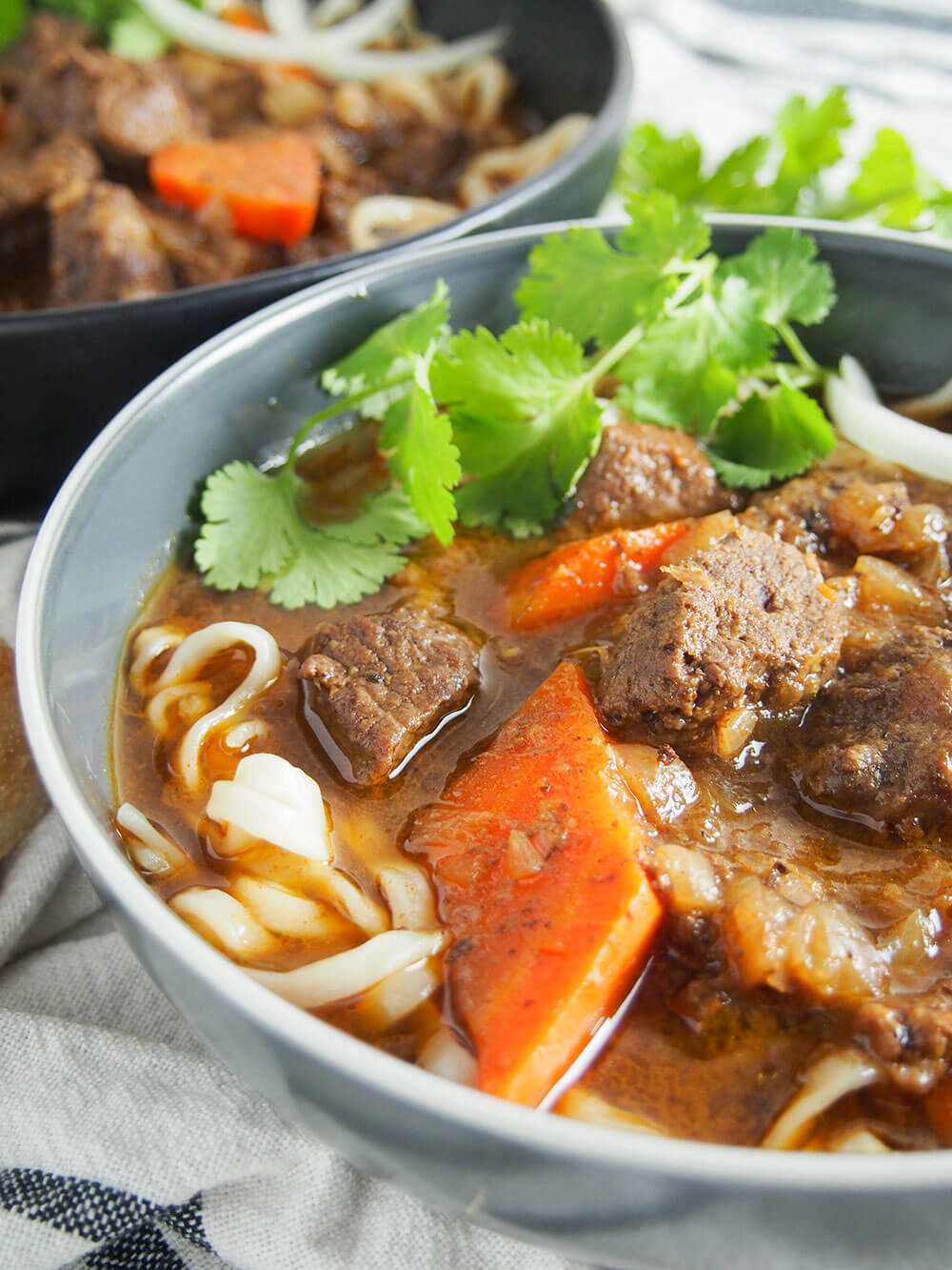 Bo kho may not be as well known as pho, but it's a classic dish you need to get to know. This Vietnamese beef stew has a wonderful depth of flavor from aromatic spices, lemongrass, ginger and coconut water. It's warming, delicious and easy to make too. bo kho Vietnamese beef stew close up of bowl