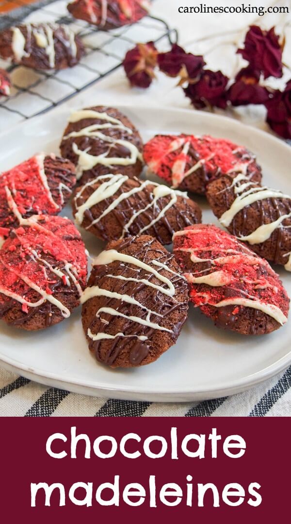 The classic French cake-like cookie gets a chocolate fix! These chocolate madeleines are light, elegant, easy and full of sweet chocolatey deliciousness! #chocolatecookie #madeleines #frenchcookie