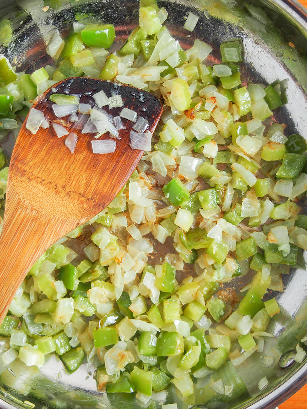 cooking onion, pepper, celery base for shrimp creole