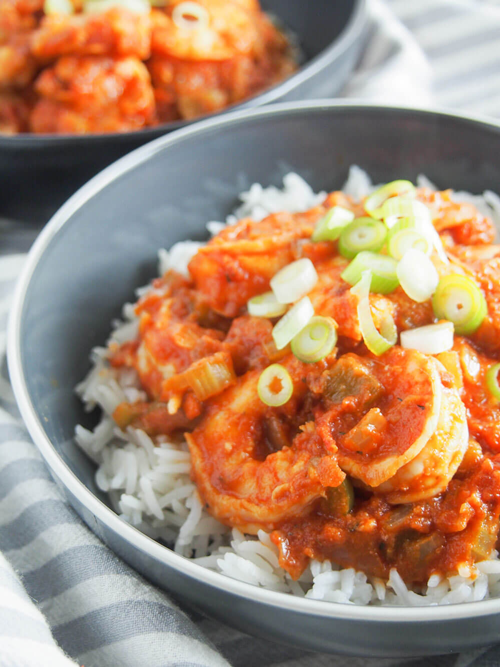 Bowl of shrimp creole from side