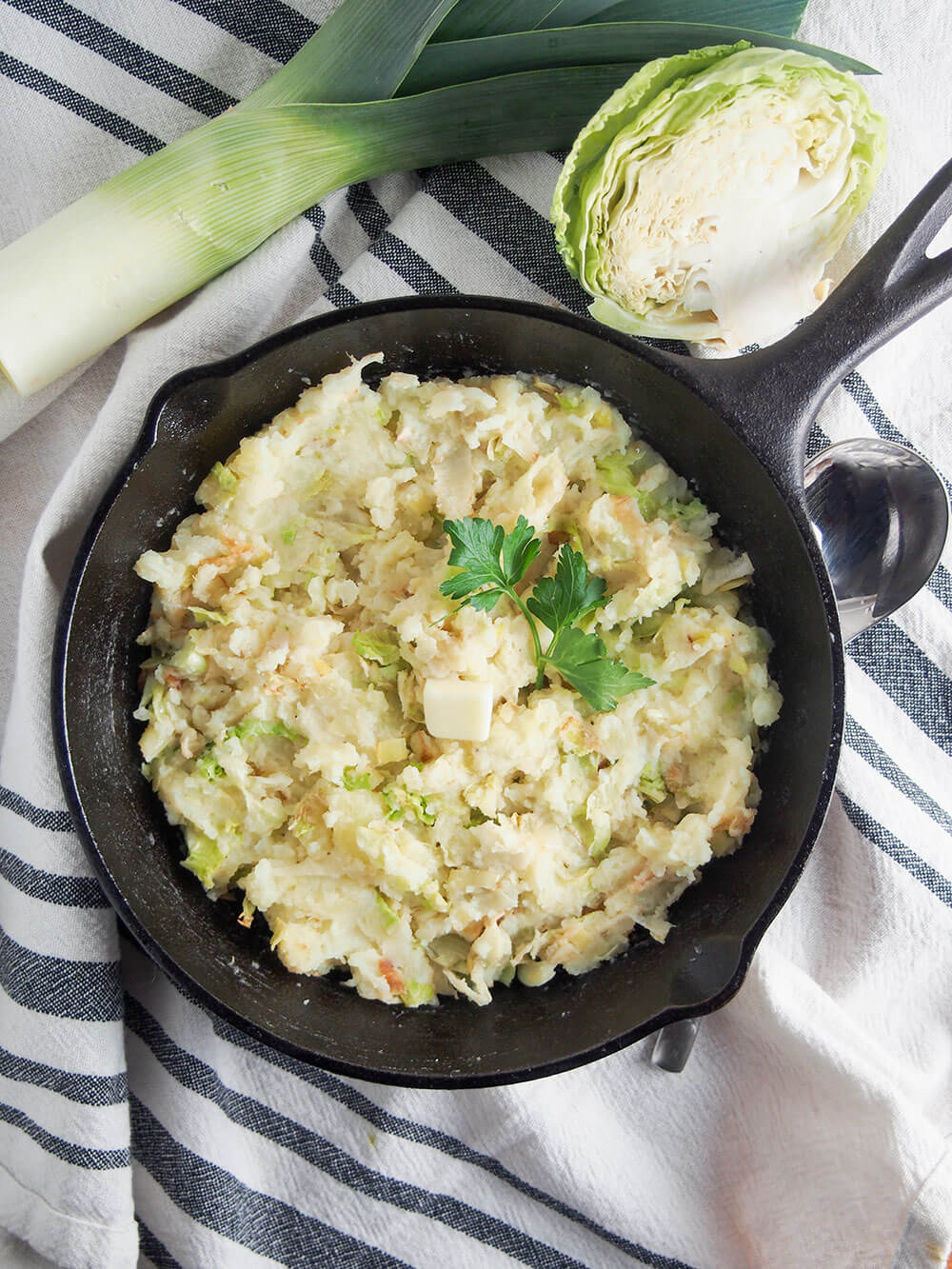 colcannon Irish potatoes and cabbage in pan from overhead