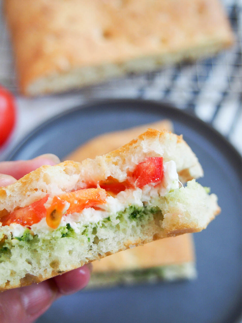 bite taken from caprese focaccia sandwich held in hand