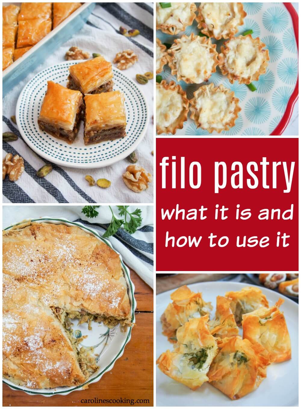 Filo pastry: what it is and how to use it. Filo pastry, or phyllo pastry, is a delicate, thin pastry that adds something special to both sweet and savory dishes . If you want to know what exactly filo pastry is and ways to use it, then read on! #filopastry #pastry #filorecipes