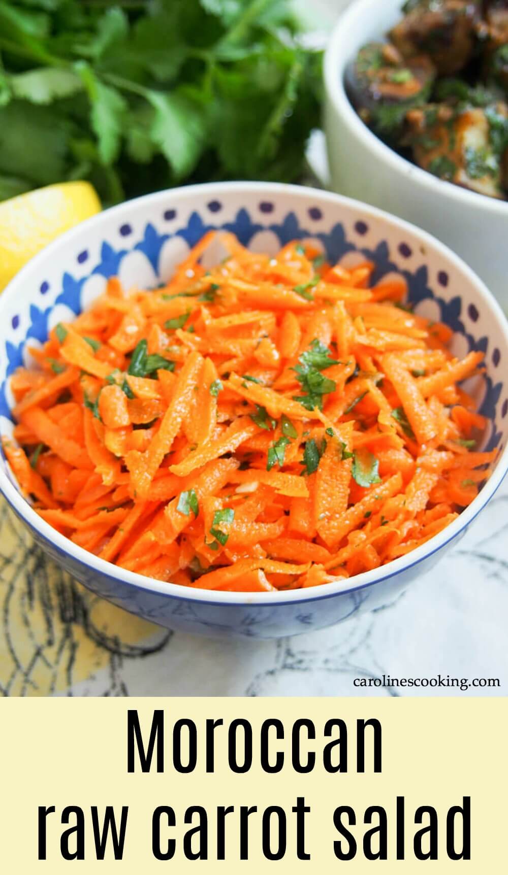 This Moroccan raw carrot salad takes only a few minutes to make, has a short list of ingredients and is packed with flavor. Perfect alongside other dishes as part of lunch, mezze and more. #carrotsalad #mezze #vegansalad #Moroccansalad