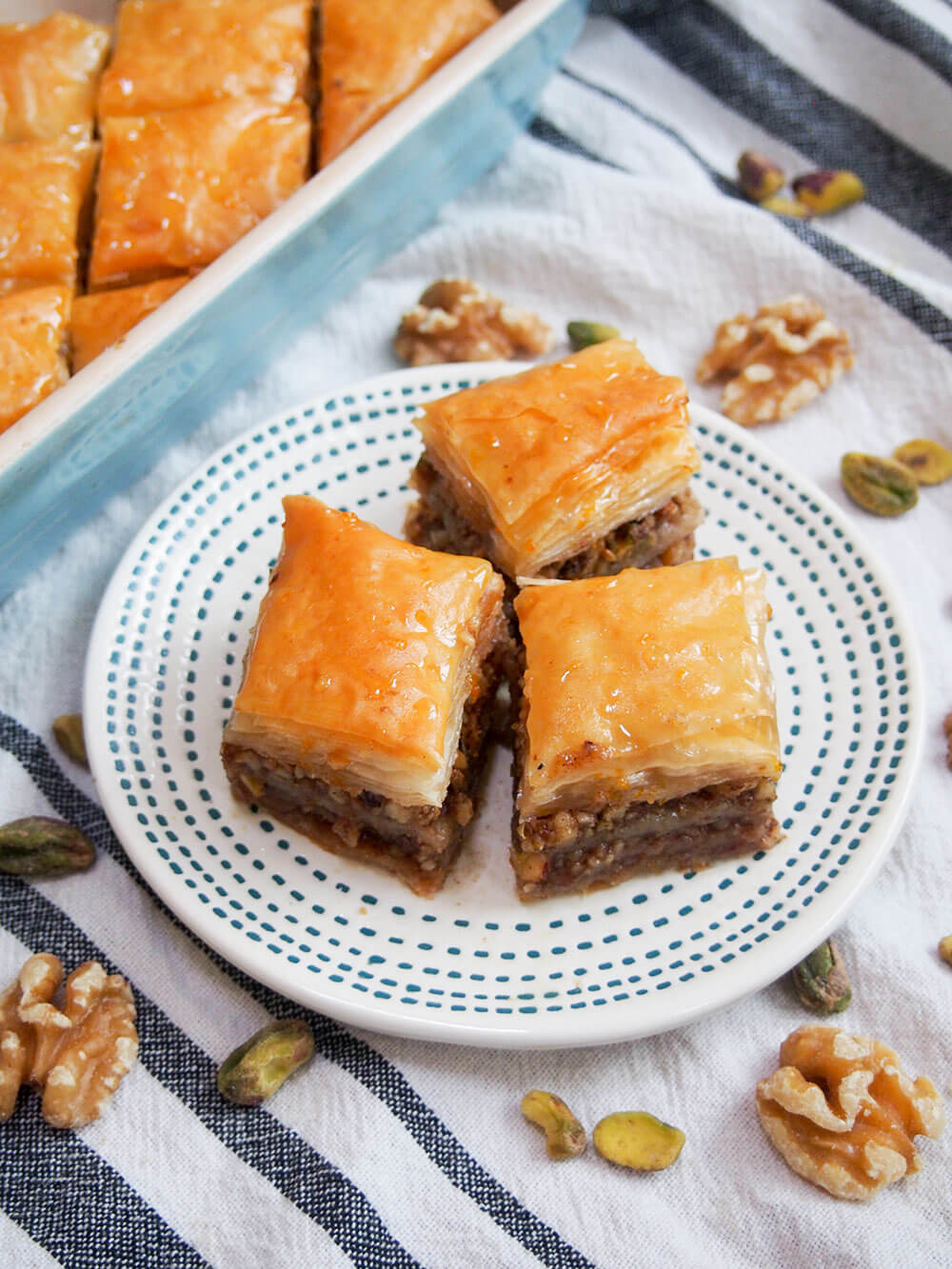 pieces of baklava on plate, rest in baking dish behind