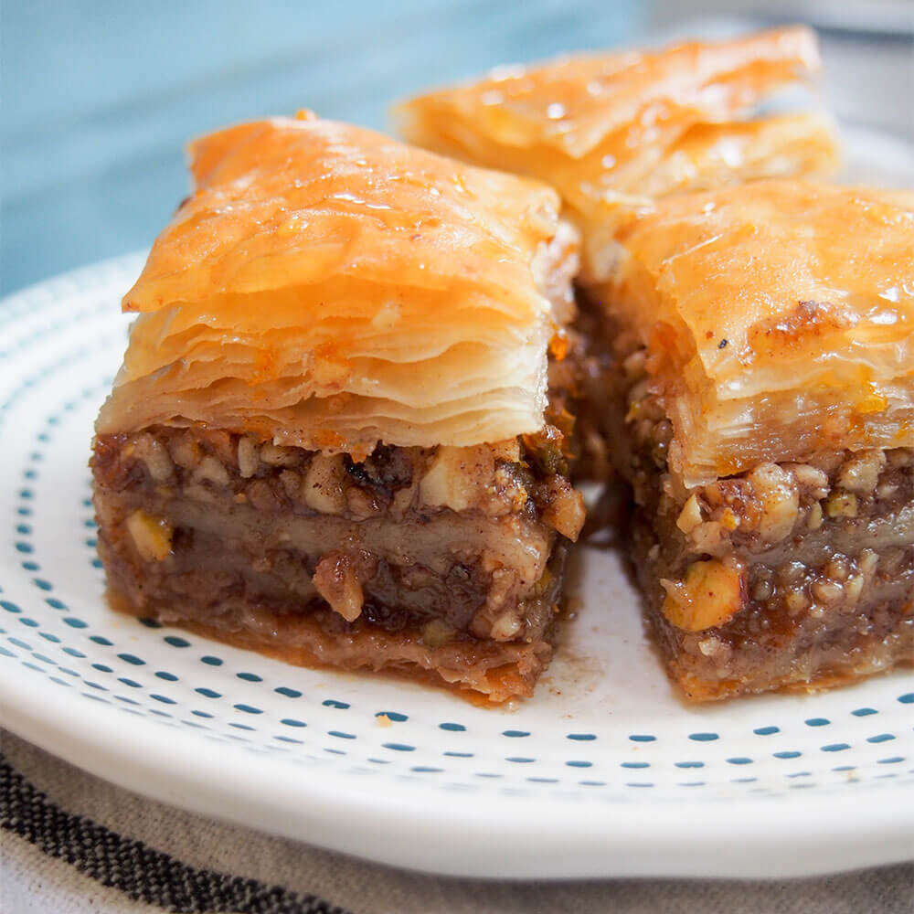 baklava pieces close up showing layers of nuts and pastry