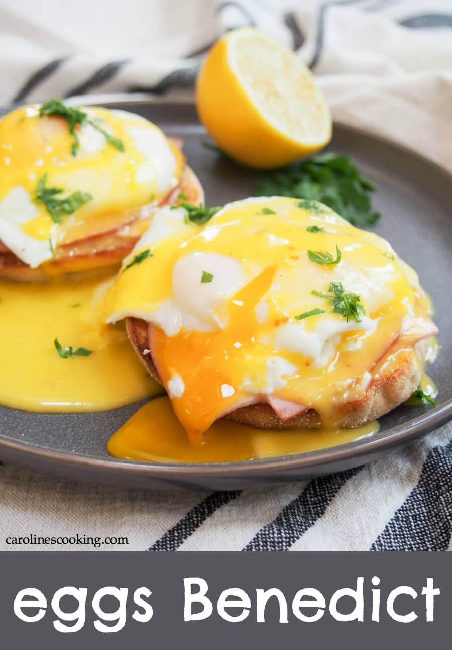 Eggs Benedict is a staple on brunch menus: the combination of bacon/ham, egg and Hollandaise sauce over an English muffin is so comforting and delicious. And it's easier than you might think to make at home! #benedict #brunch #eggs