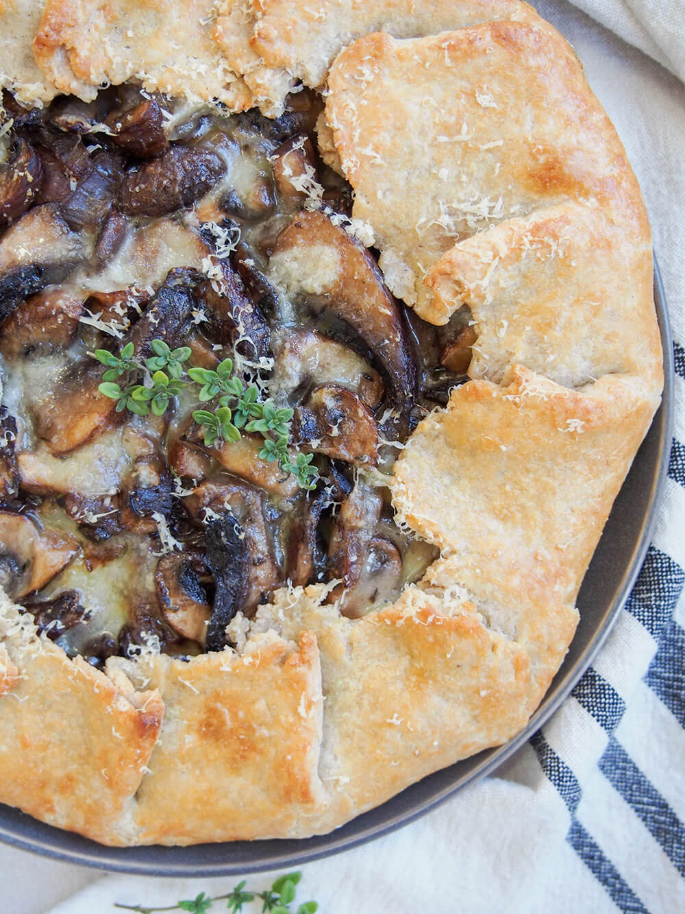 partial view of mushroom galette from overhead close up
