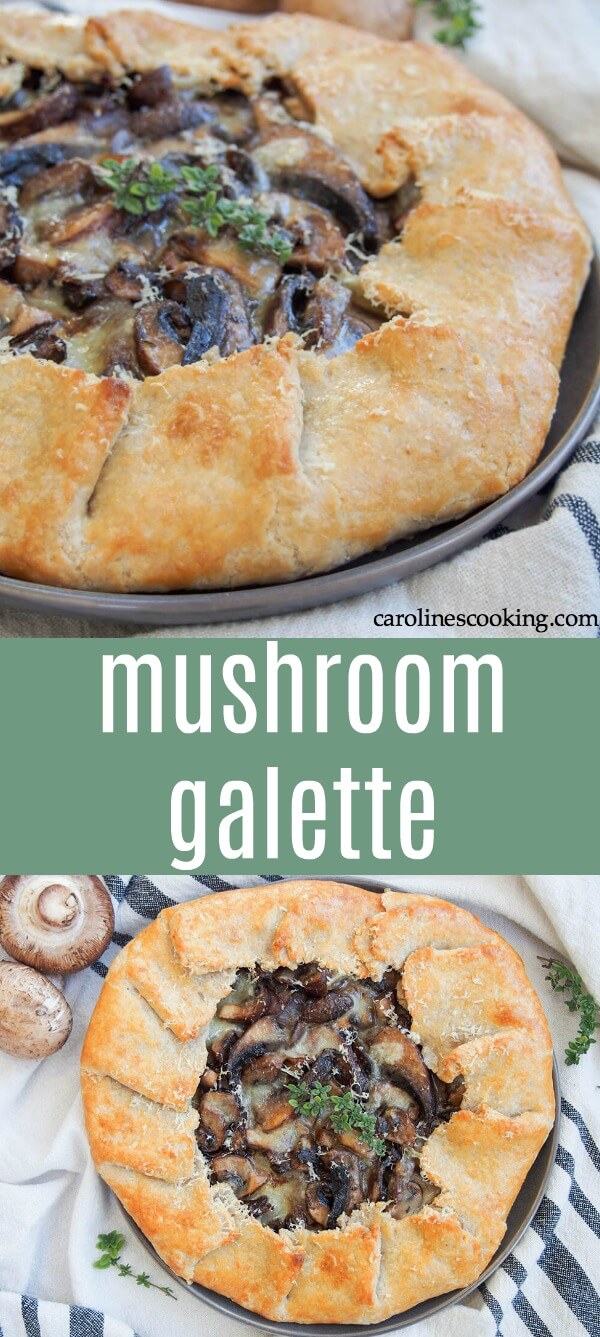 This mushroom galette is a delicious savory tart, with some garlic, thyme and fontina cheese adding flavor to the earthy mushroom filling. It makes a great light lunch, or bulk it out for a meatless meal. #mushroomtart #vegetariantart #galette #mushrooms