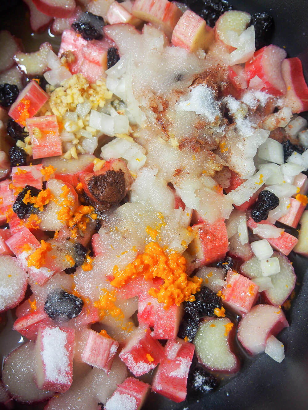 rhubarb chutney ingredients in pan, ready to cook