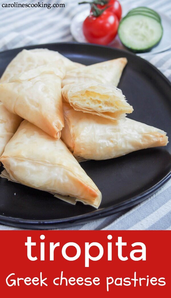 Tiropita are Greek cheese pastries combining a delicious mix of cheeses and egg wrapped in crisp filo pastry. It's one deliciously addictive snack, perfect as party food or any time! #cheesepastry #greekfood #greekrecipe #filopastry