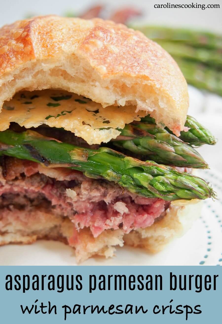 Asparagus parmesan burger with parmesan crisps. These burgers are loaded with all kinds of deliciousness: a parmesan burger, grilled asparagus, bacon and parmesan crisps. Delicious and fancy-feeling at the same time! #burger #parmesanburger #grilling #grilledasparagus #parmesanchips