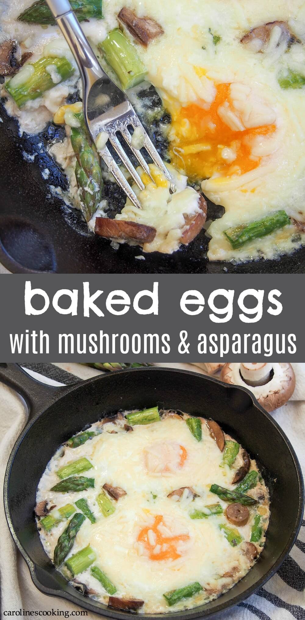These baked eggs with mushrooms and asparagus are a deliciously comforting and easy one dish brunch. With a tasty combination of earthy and fresh flavors, it's one you'll come back to again and again. #brunchweek #ad #bakedeggs #brunch #breakfast #vegetarian #asparagus #mushroom