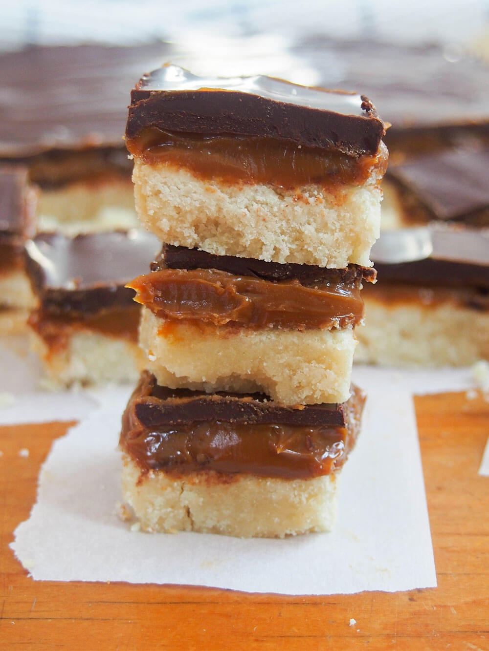 stack of Millionaire's shortbread (caramel shortbread) slices