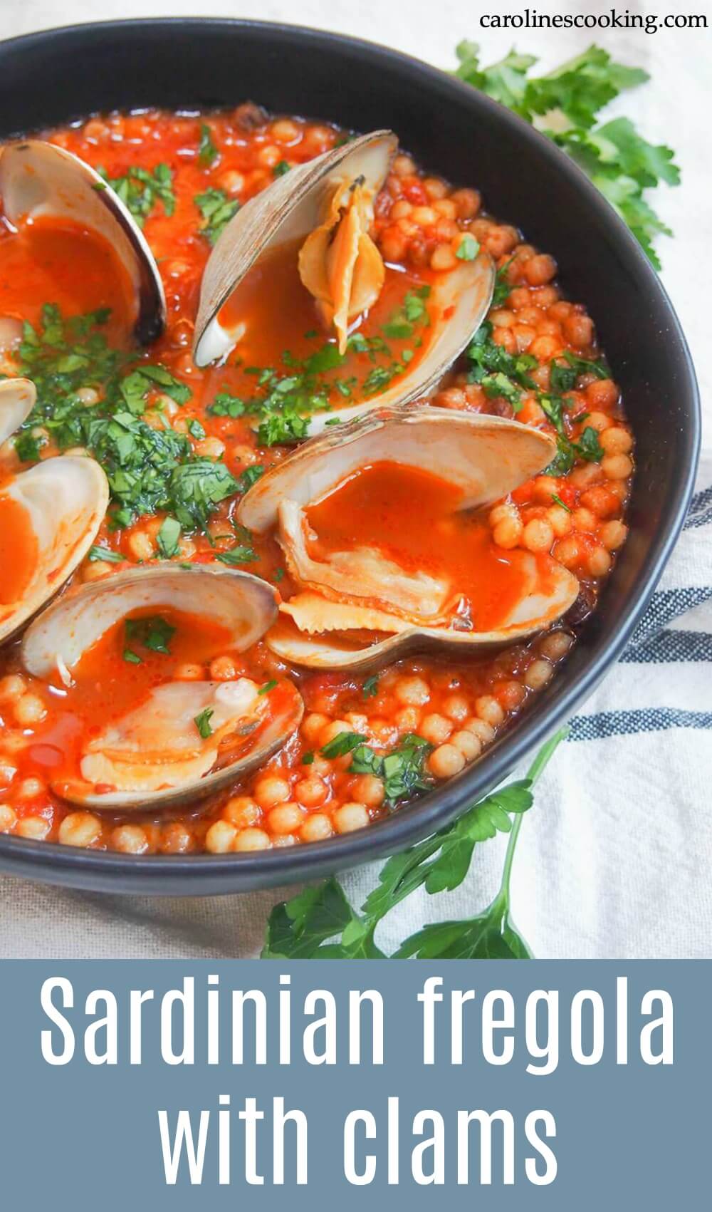 This Sardinian fregola with clams only uses a few ingredients but has such a wonderful flavor. It's easy to make, comforting but not too heavy, and a delicious meal any night of the week. Fregola is a traditional Sardinian pasta similar in shape to Israeli couscous but toasted, giving it a unique slightly nutty flavor. This simple way to serve it makes is just as good for date night as an easy weekday meal. #seafood #clampasta #Italianrecipe #fregola