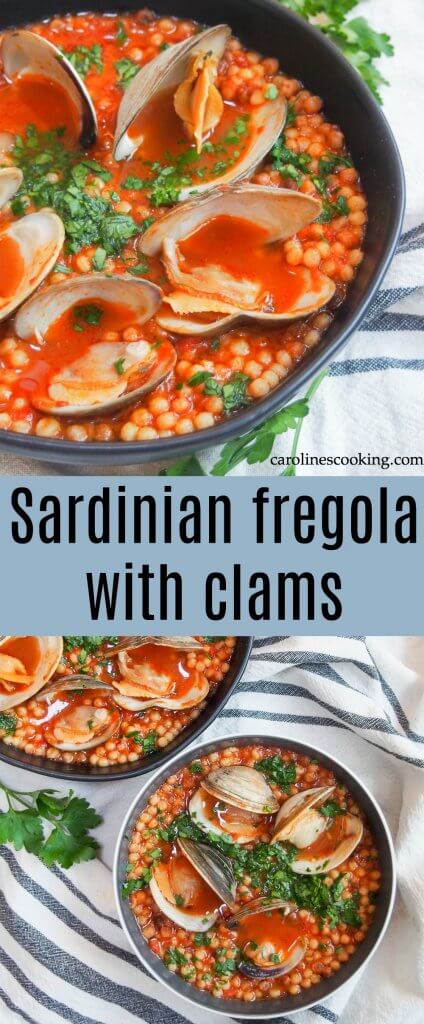 This Sardinian fregola with clams only uses a few ingredients but has such a wonderful flavor. It's easy to make, comforting but not too heavy, and a delicious meal any night of the week. Fregola is a traditional Sardinian pasta similar in shape to Israeli couscous but toasted, giving it a unique slightly nutty flavor. This simple way to serve it makes is just as good for date night as an easy weekday meal. #seafood #clampasta #Italianrecipe #fregola
