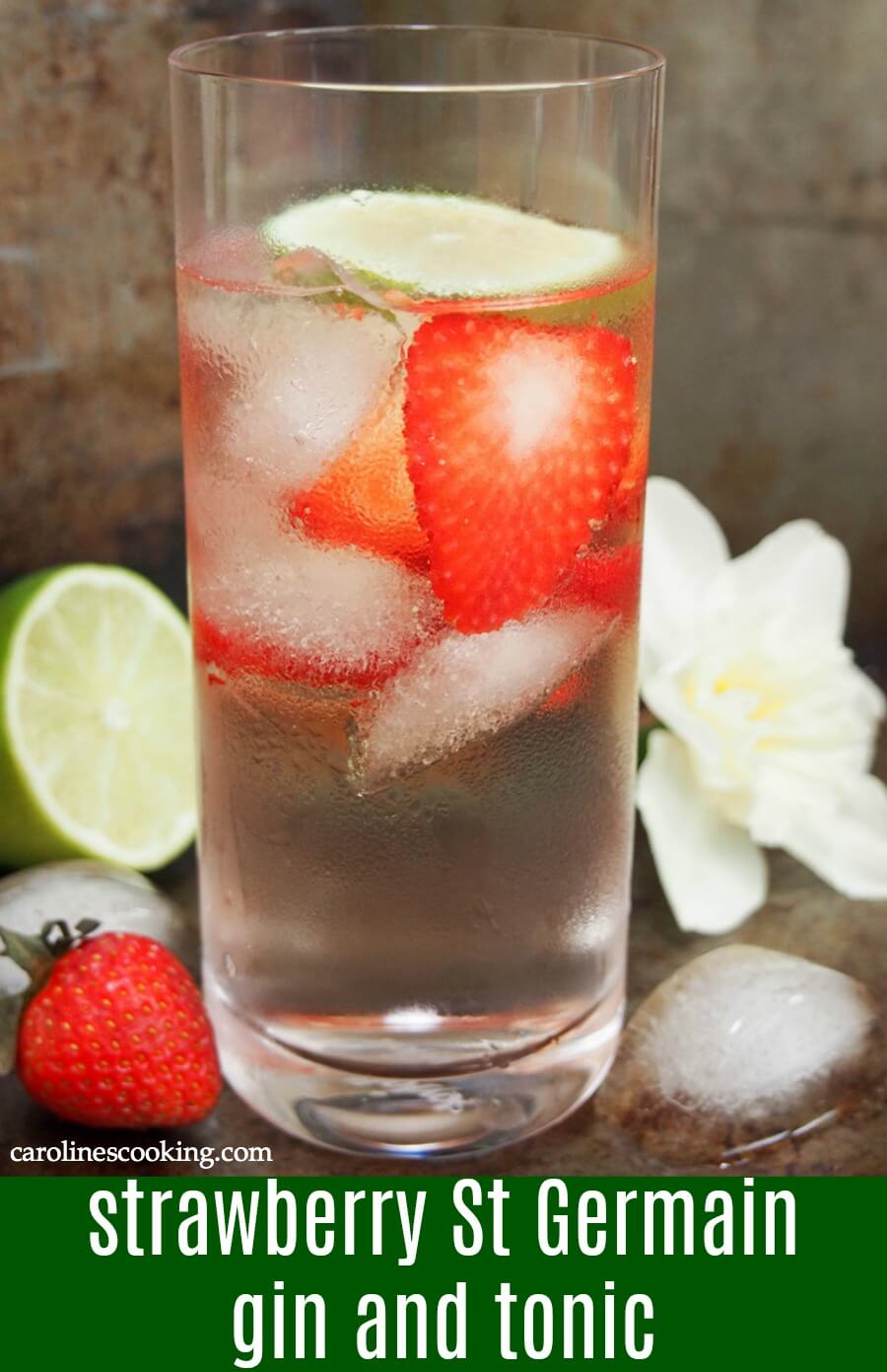 This strawberry St Germain gin and tonic is a simple twist on the classic, adding a dash of floral flavor and brightness to the glass. It's the perfect light cocktail for spring or summer sipping. #ad #brunchweek #cocktail #ginandtonic
