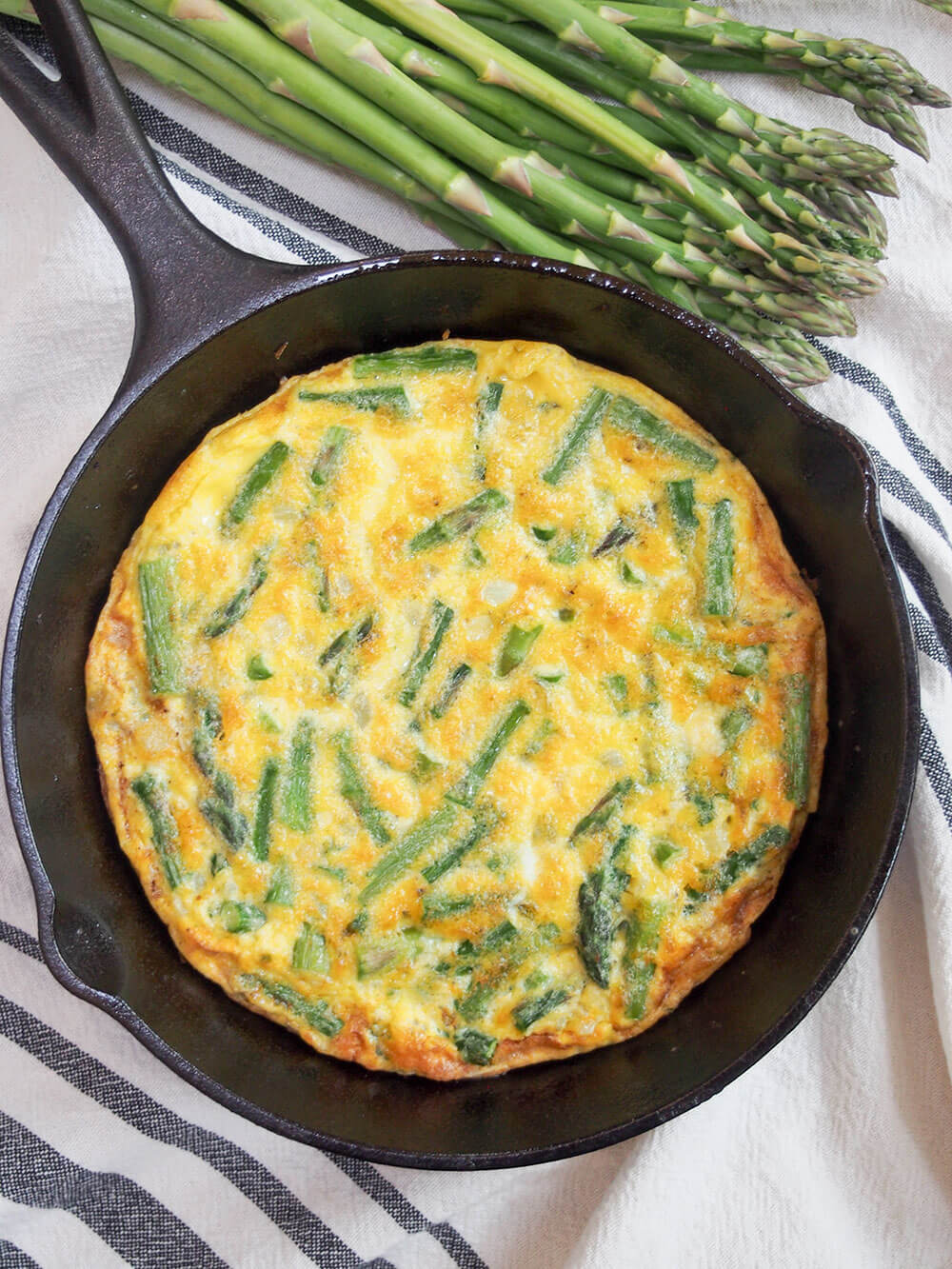 asparagus frittata in skillet from overhead