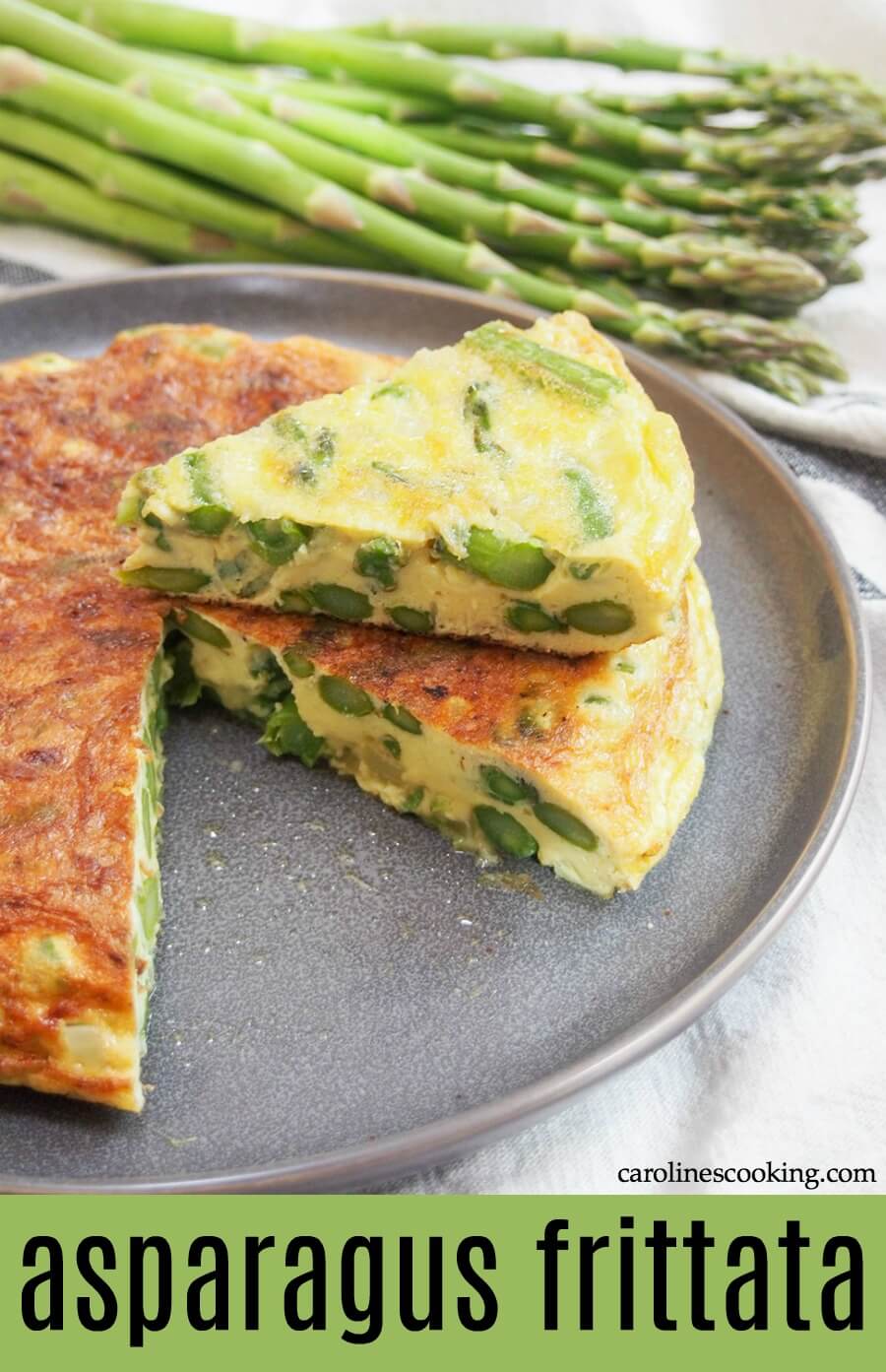 This asparagus frittata is easy to make and the kind of dish that's as good at breakfast as lunch or dinner. With simple flavors, it's both fresh and comforting - plus easy to adapt too! Serve as it is, with salad, or as a side along side other mains. #frittata #asparagus #vegetarian