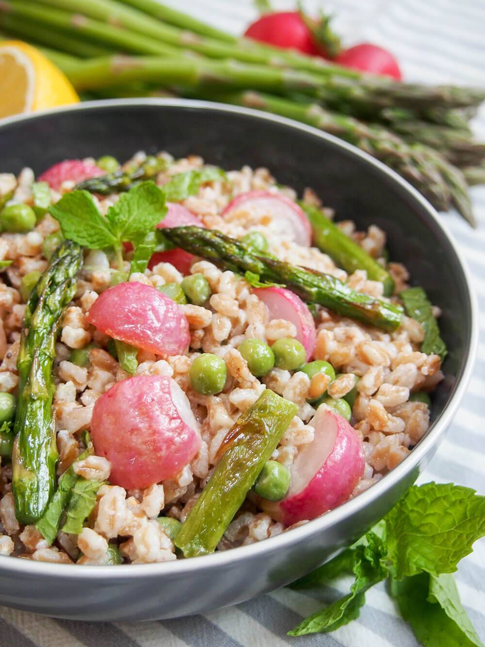 Bowl of roasted spring vegetable farro salad viewed from side
