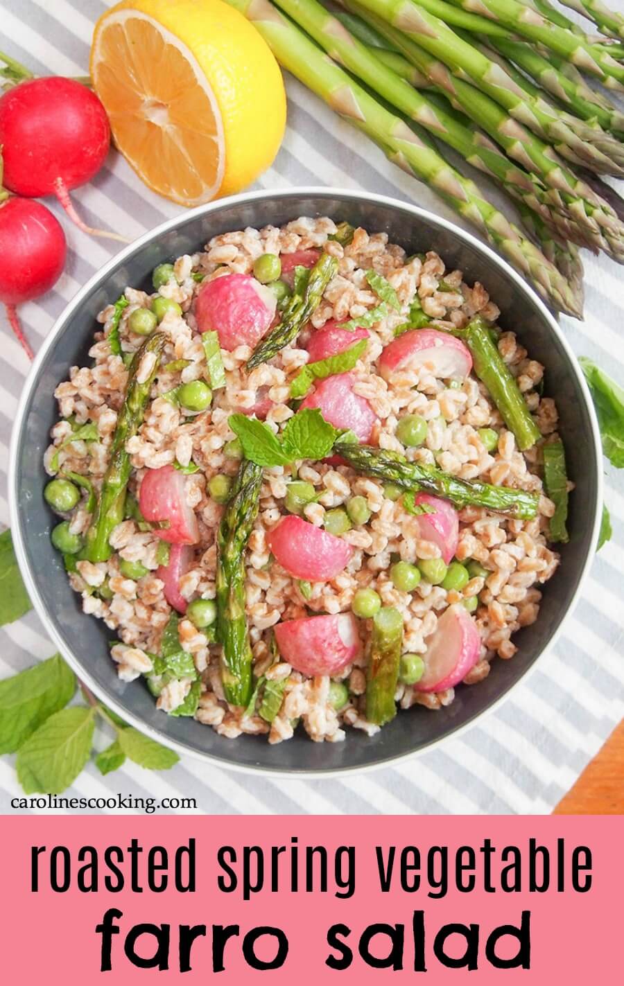 This roasted spring vegetable farro salad is a delicious and versatile way to enjoy the flavors of spring. Pack it for lunch or eat it as a side. The mellow flavors and heartiness of the farro are just what a spring day needs! It's easy to prepare and vegan. #vegetarian #farrosalad #springvegetables