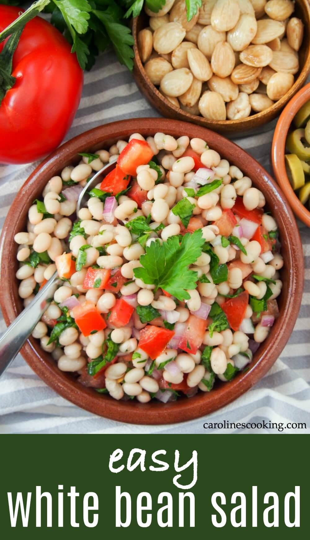 This white bean salad is incredibly easy to make and full of fresh flavor. It makes a great side, and travels well too. It's a tasty, versatile vegan dish perfect for picnics, potlucks and more. #beansalad #whitebeans #vegansalad