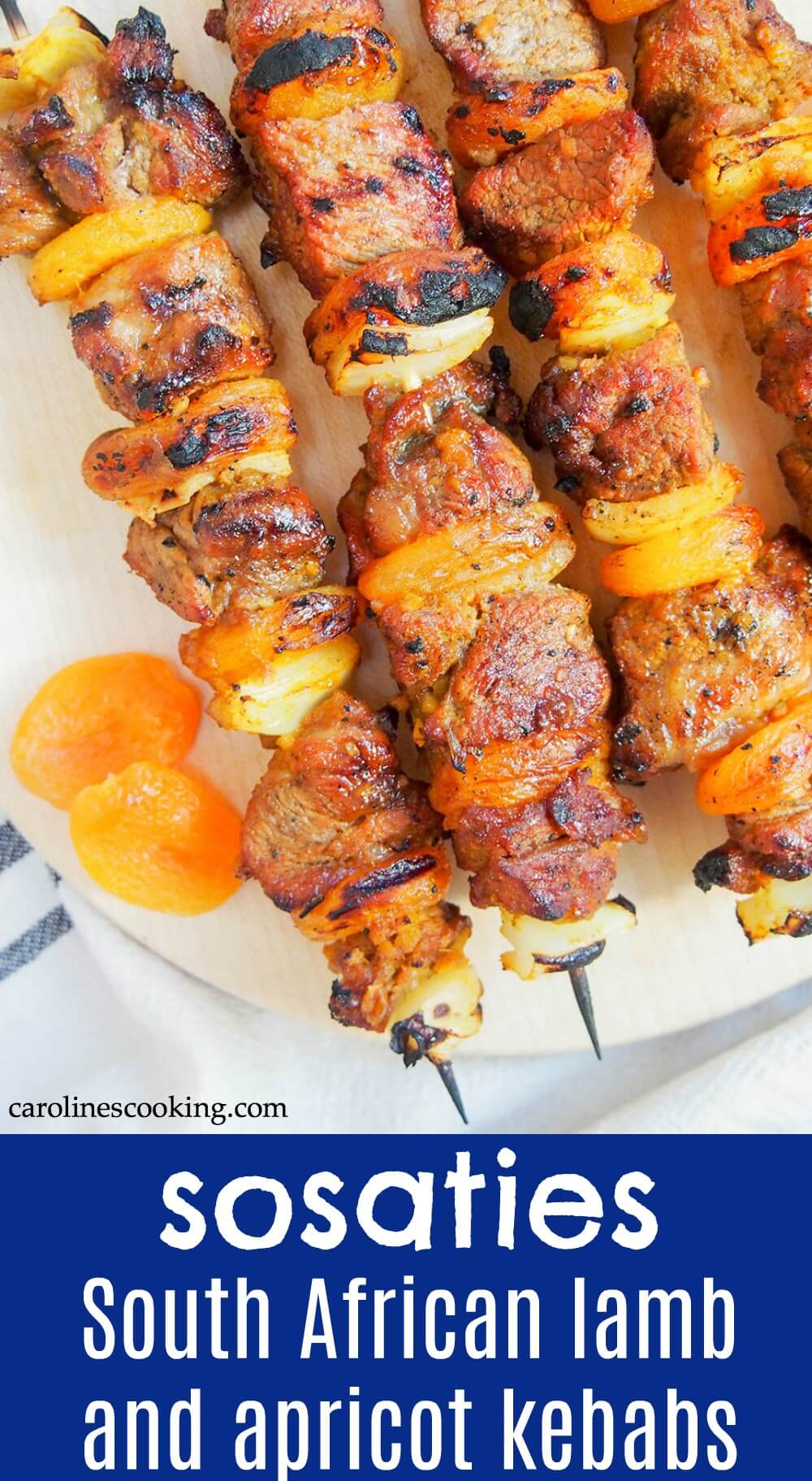 Sosaties are a South African braai (BBQ) classic - the apricot jam-curry marinade on these skewers might sound unusual, but it's so easy and delicious! Here they are made with lamb, but you can also make them with chicken or beef. #lambkebabs #grilledllamb #grillrecipe #marinatedmeat