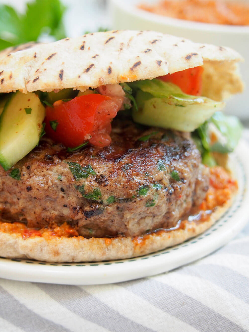 lamb kofte burger close up from side