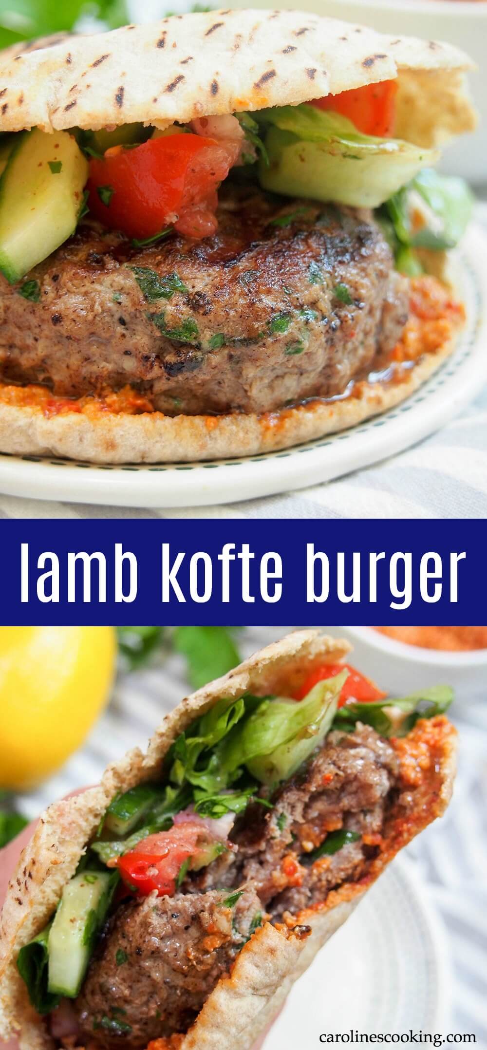 This lamb kofte burger is the perfect burger for when you want something that bit different. Not only are the flavors delicious, but you can cheat a little with ready-made components, or make it more from scratch as time allows. #lambburger #middleeasternfood #kofte #pita #burgermonth