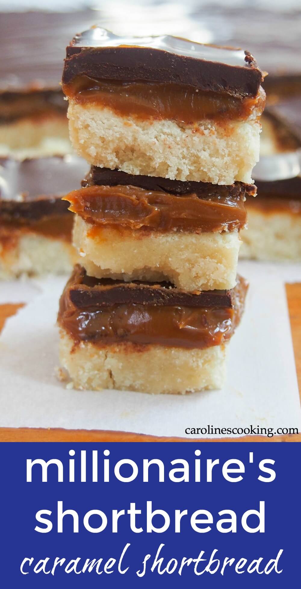 Millionaire's shortbread (caramel shortbread) - Growing up, millionaire's shortbread was one of my favorite treats. After all, what's not to love about a layers of shortbread cookie, caramel and chocolate? It's decadent and delicious. #cookie #shortbread #caramel #caramelshortbread