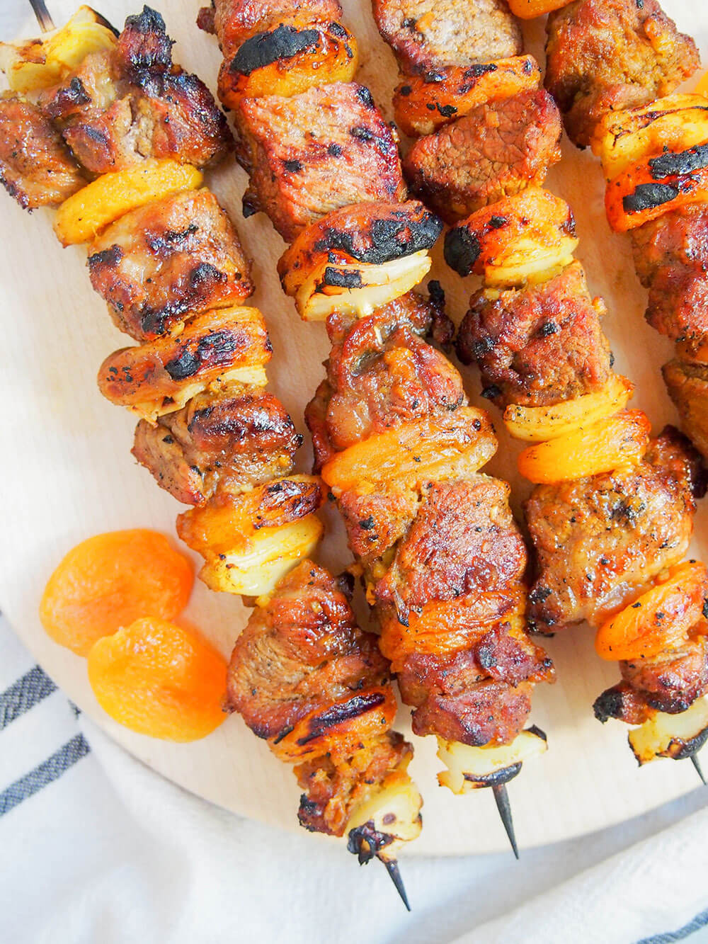 Sosaties (South African lamb and apricot kebabs) close up of skewers