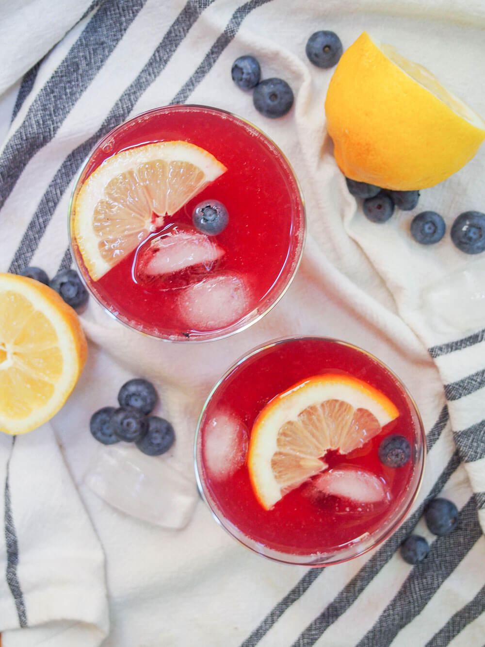 blueberry lemonade in glasses from overhead