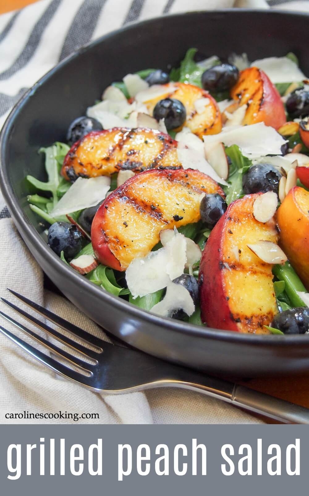 This grilled peach salad has a little sweet, a little savory, tender fruit and crunchy veg. Grilling peaches really brings out their flavor, and while they make a great dessert, they're also perfect as part of a salad. This simple combination takes no time to put together and is colorful and tasty, plus easily made vegan. A delicious, light and easy summer salad that's perfect for lunch or as a side. #summersalad #grilledpeach #vegetarian