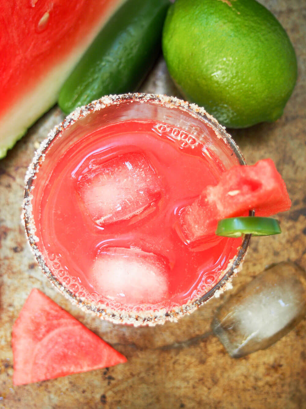Spicy watermelon margarita from overhead